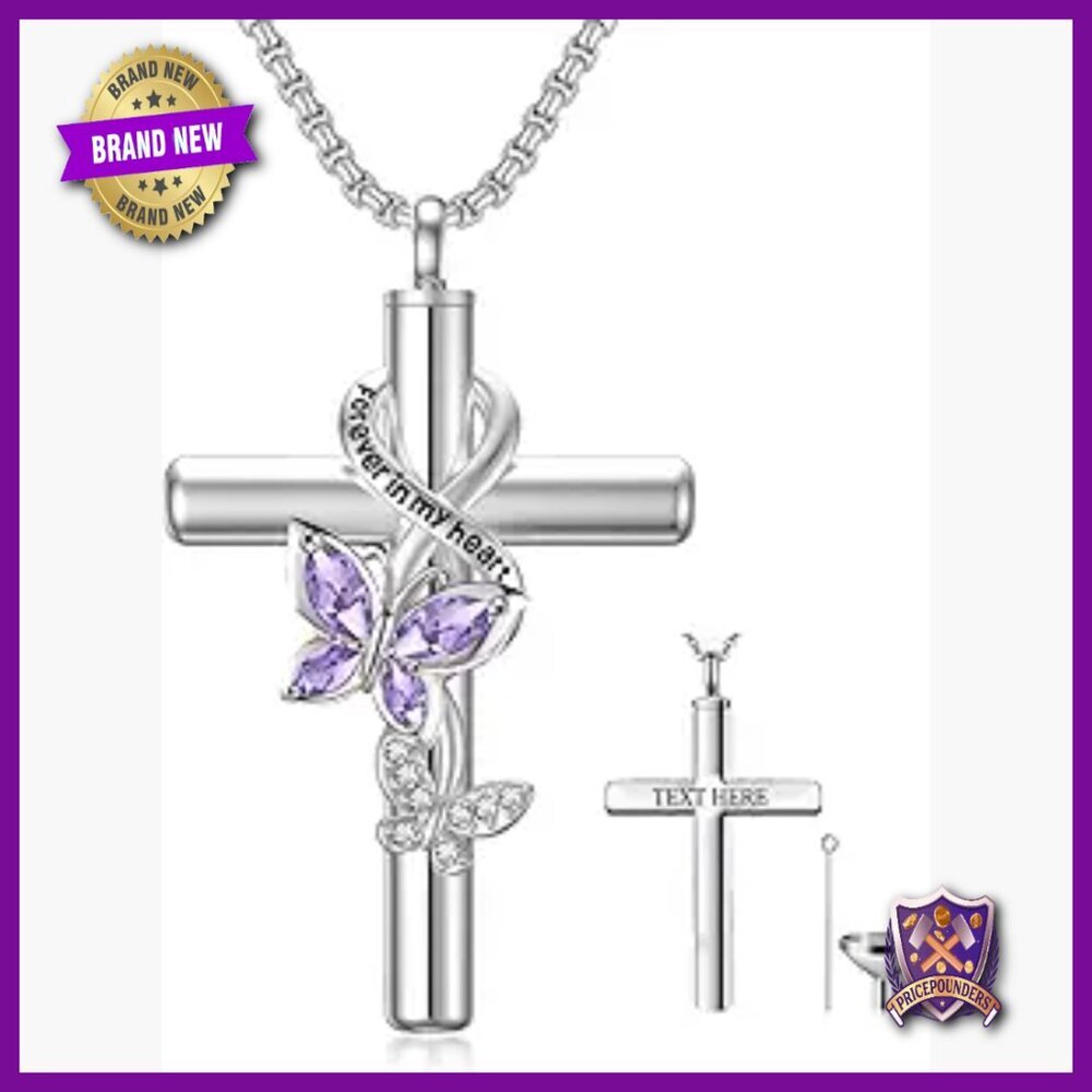 Sterling Silver Cremation Urn Necklace with Butterfly Cross Pendant Memorial